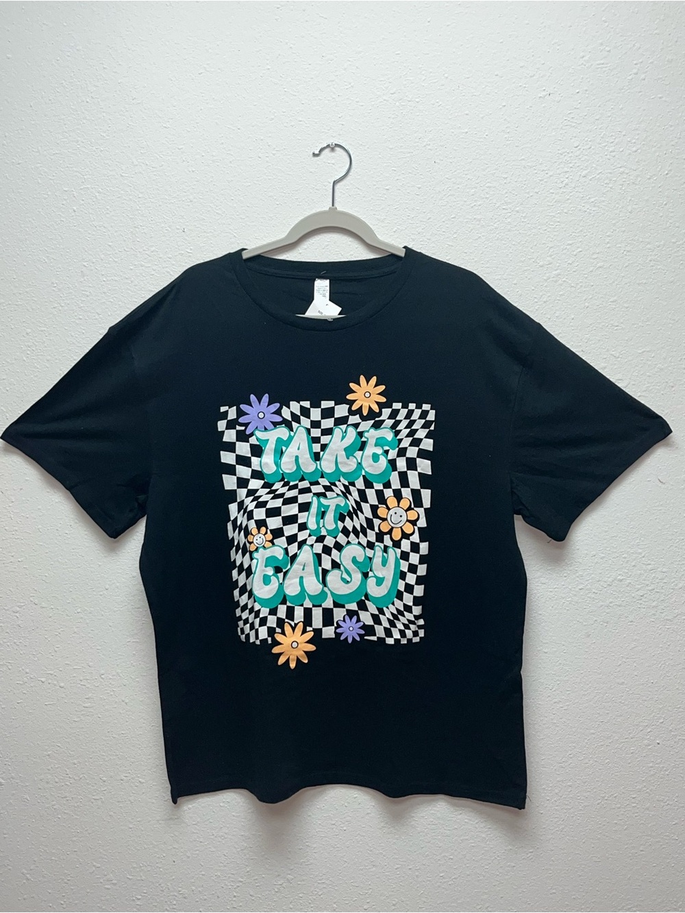 Take It Easy Black Graphic Tee with Checkerboard & Flowers